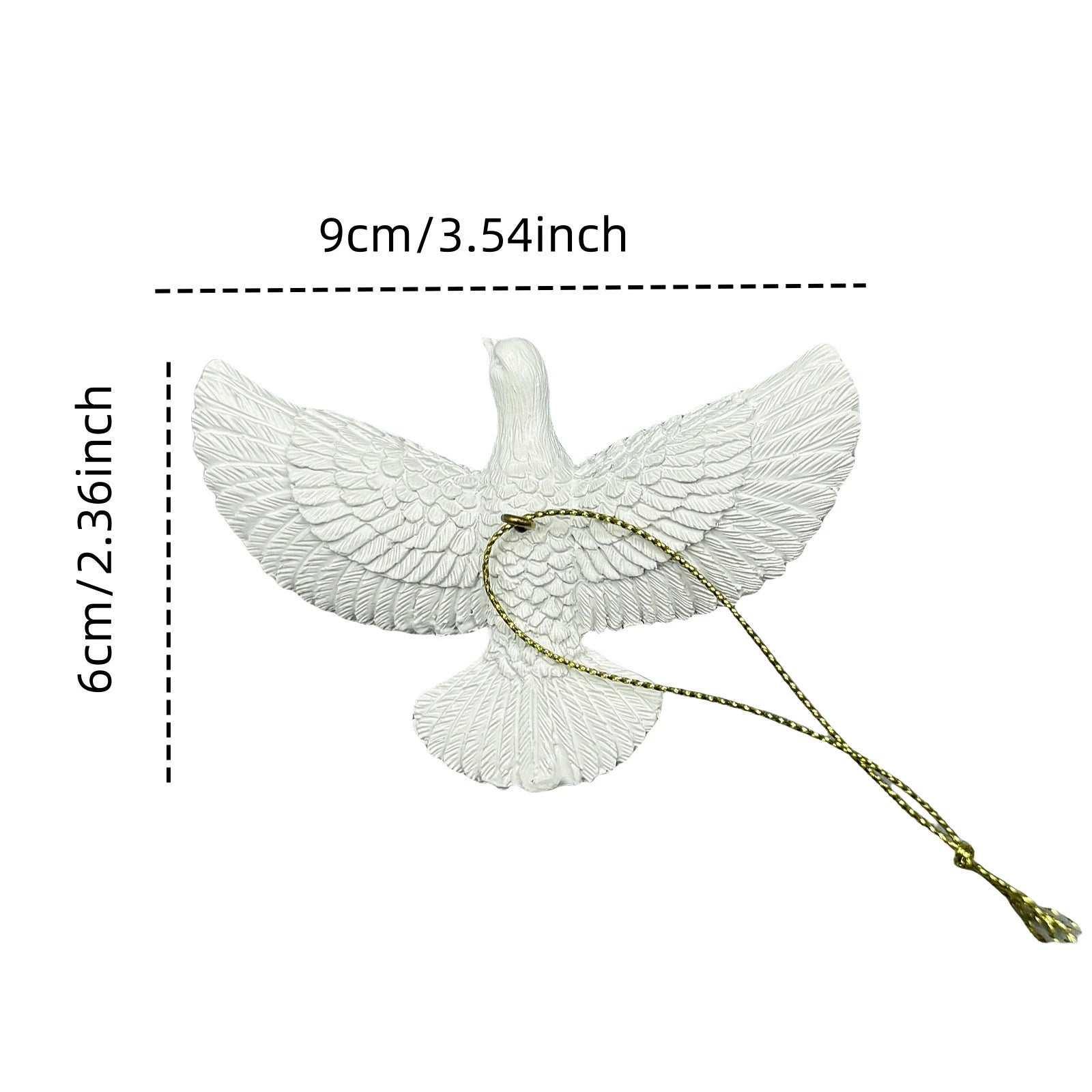 White dove-shaped decorative item with measurements on a white background