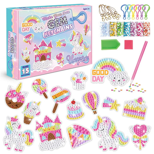 Craft kit with colorful keychains and packaging, featuring unicorns and other designs.