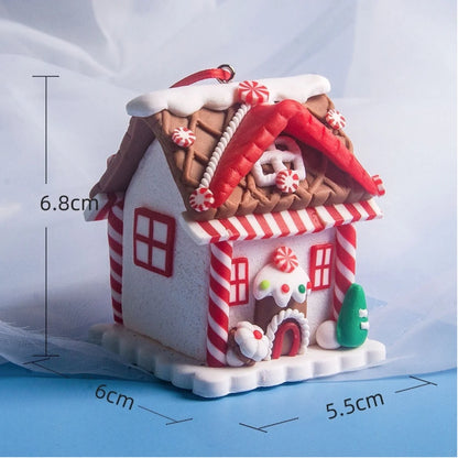 Gingerbread house ornament with measurements on a light blue background