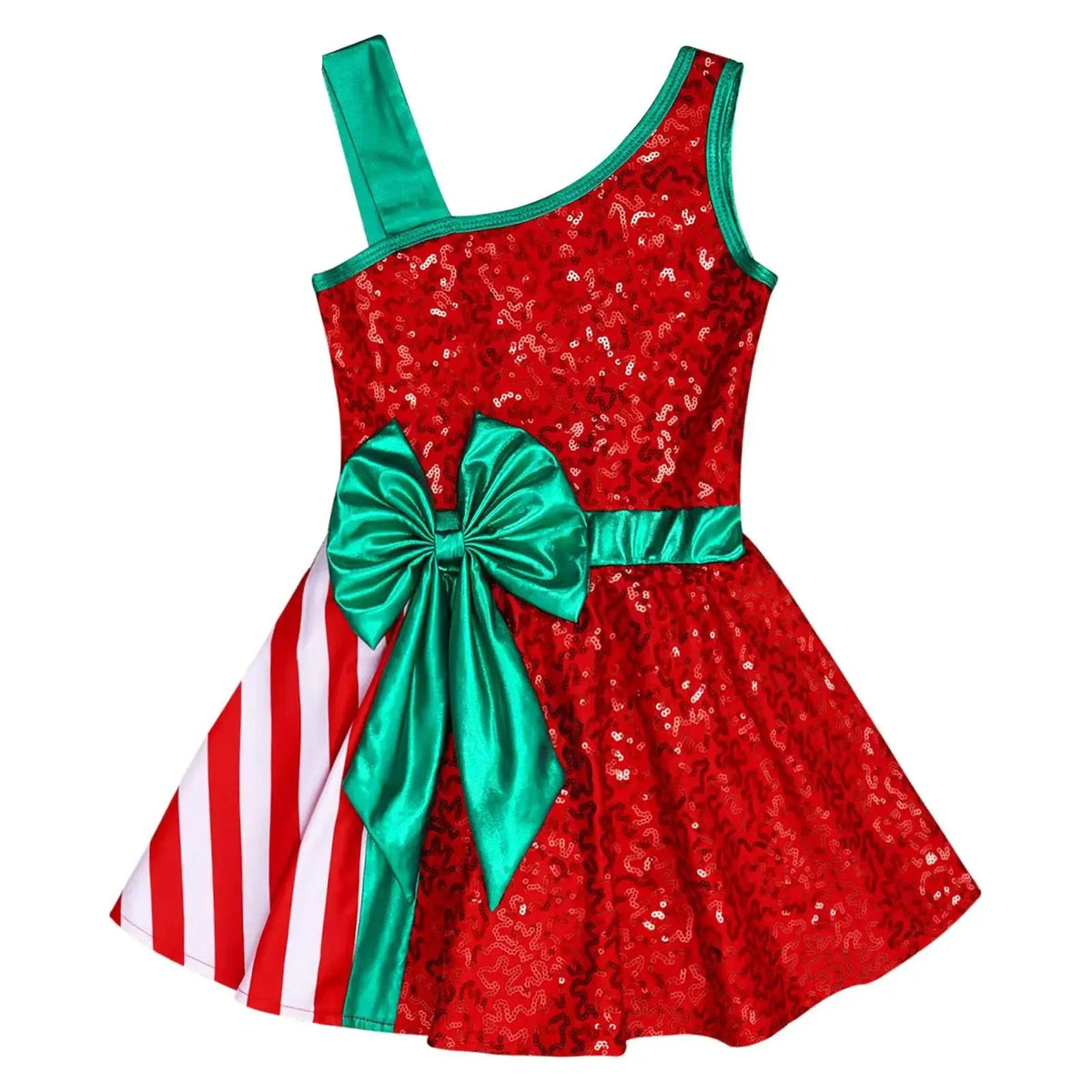 A festive Christmas-themed girls' dress with a red sequined body, a large green satin bow at the waist, a green shoulder strap, and a red-and-white striped side panel. The brand name 'TiaoBug' is visible in the top left corner.