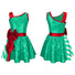 Two children's sleeveless holiday dresses shown on a plain white background, one with a large red bow and the other with a striped candy cane detail. Both dresses are bright green with red trim and sashes.