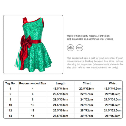 A size and measurement chart for a green sequined sleeveless dress with a red sash. The top-left inset shows the dress on a mannequin, while the main content includes a table listing recommended sizes from 4 to 14 with length, chest, and waist measurements.
