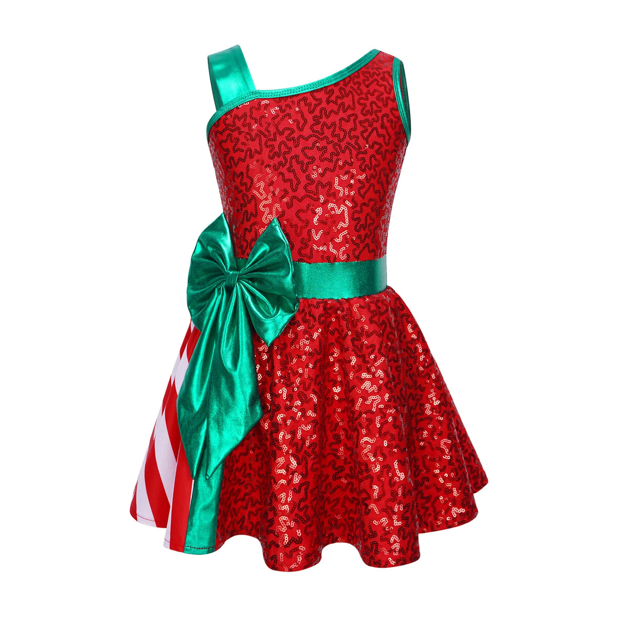 A festive children's one-shoulder dress with a red sequined body, a large green satin bow at the waist, a green shoulder strap, and a side panel with red and white stripes, shown on a plain white background.