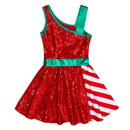 A sleeveless red sequined dress with a bright green trim and a side panel featuring red and white diagonal stripes, shown on a plain white background.
