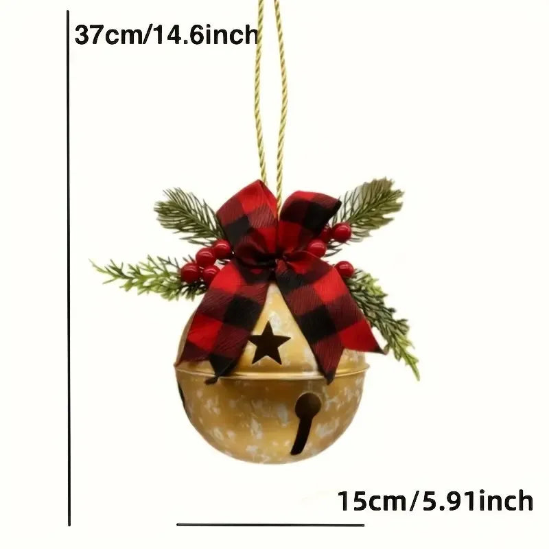 A hanging Christmas gold bell, decorated with a red and black plaid bow, green pine branches, red berries, and a black star detail, shown on a white background with dimension labels of 37cm/14.6inch and 15cm/5.