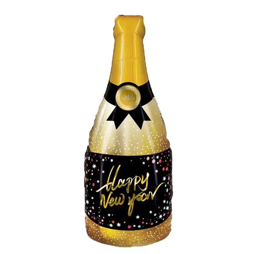 Inflatable champagne bottle with 'Happy New Year' text on a white background