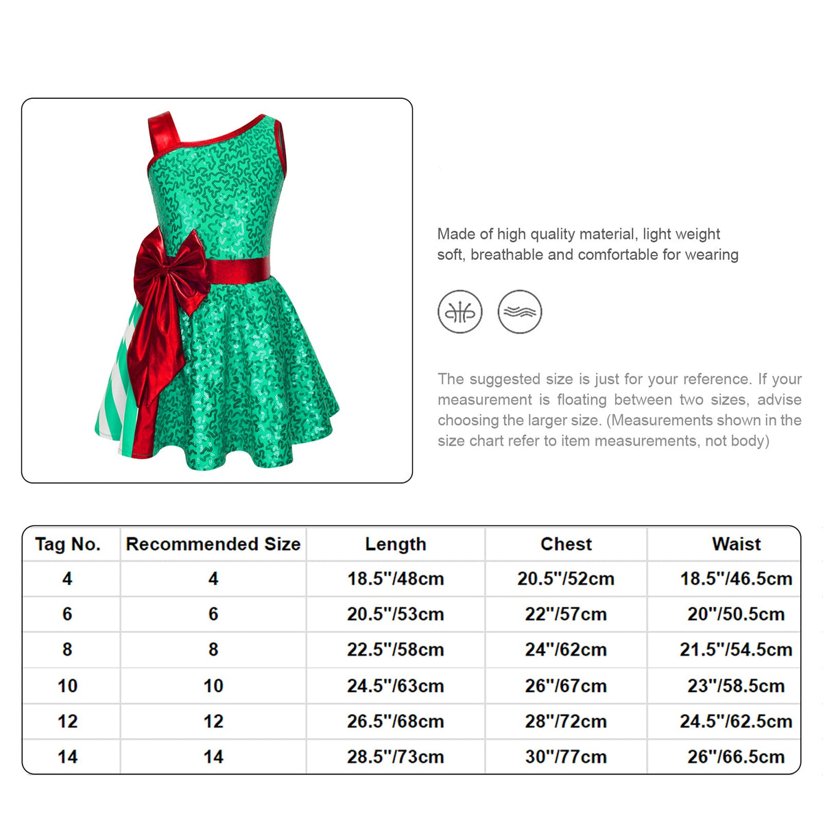 A size and measurement chart for a green sequined sleeveless dress with a red sash. The top-left inset shows the dress on a mannequin, while the main content includes text and a table listing recommended sizes from 4 to 14 with length, chest, and waist measurements.
