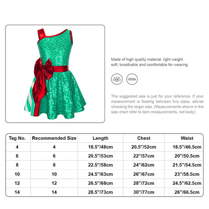 A size and measurement chart for a green sequined sleeveless dress with a red sash. The top-left inset shows the dress on a mannequin, while the main content includes text and a table listing recommended sizes from 4 to 14 with length, chest, and waist measurements.