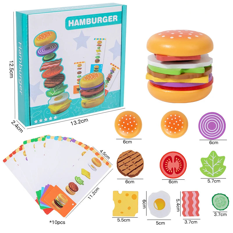Wooden hamburger toy set with components and packaging on a white background