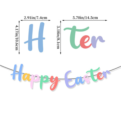 Colorful 'Happy Easter' banner with dimensions on a white background