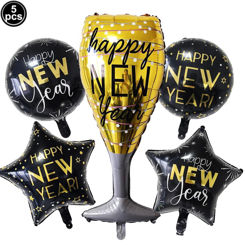 Happy new year balloons 5pc champaign star circle