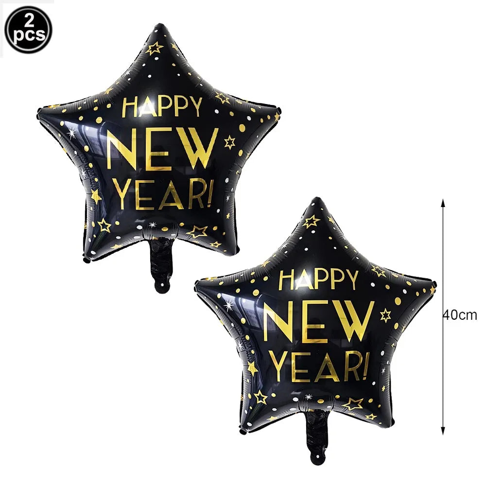Happy new year black and gold star balloons