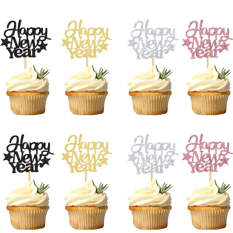 Cupcakes with 'Happy New Year' toppers in various colors on a white background