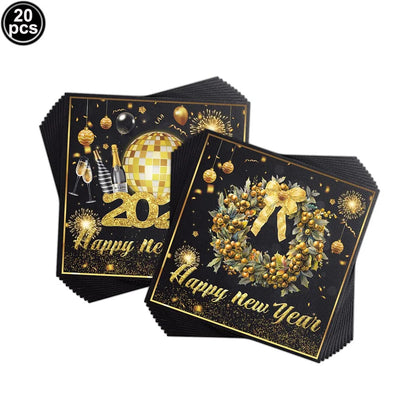 Stack of New Year's Eve napkins gold and black designs on a white background