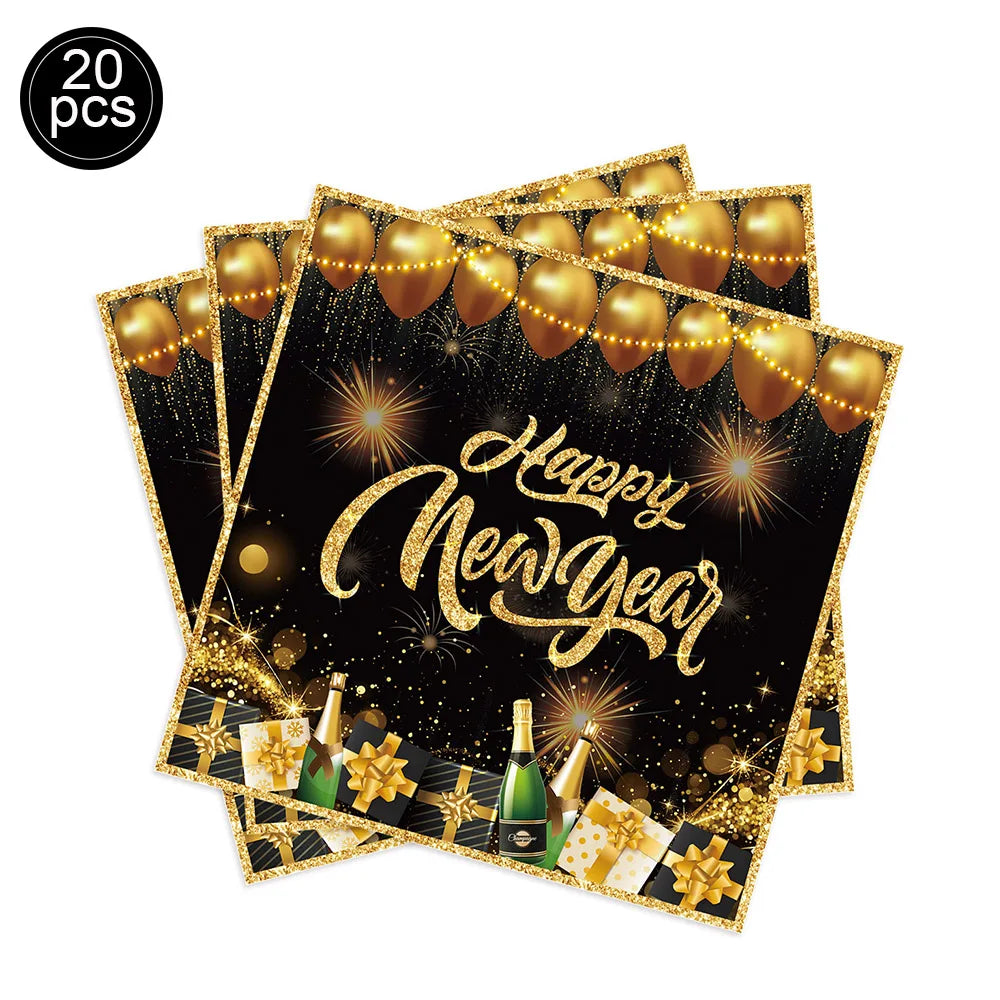 Packaging of 'Happy New Year' napkins with gold balloons and decorations on a white background.