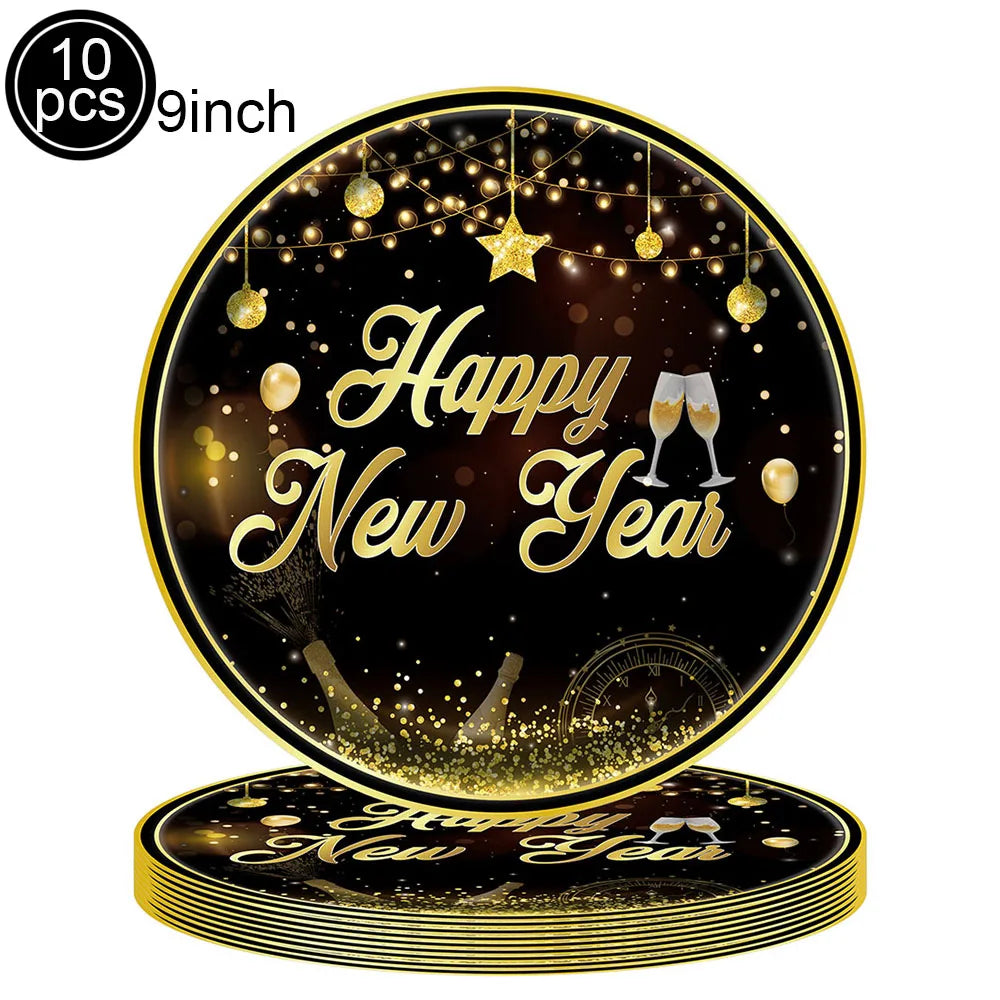 Stack of 'Happy New Year' plates with gold text on a black background
