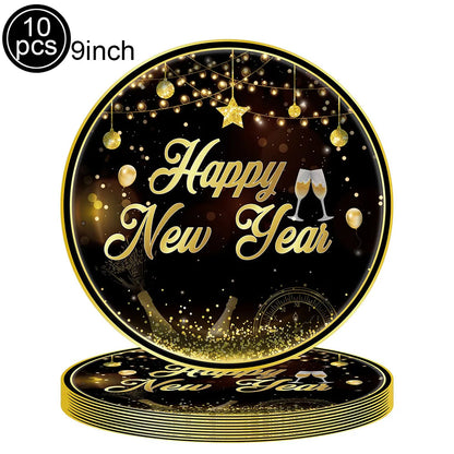 Stack of 'Happy New Year' plates with gold text on a black background
