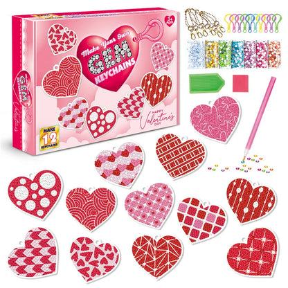 Valentine's Day keychain making kit with heart-shaped designs and packaging.