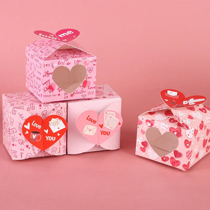 Heart-themed gift boxes with love messages on a pink background