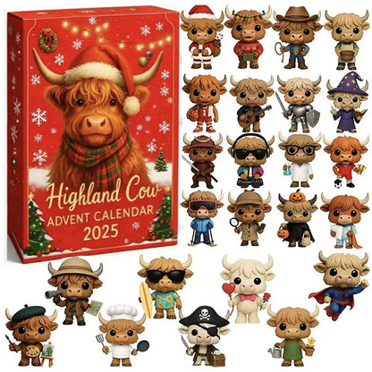 Highland Cow Advent Calendar design option 2 with figures in various poses on a white background