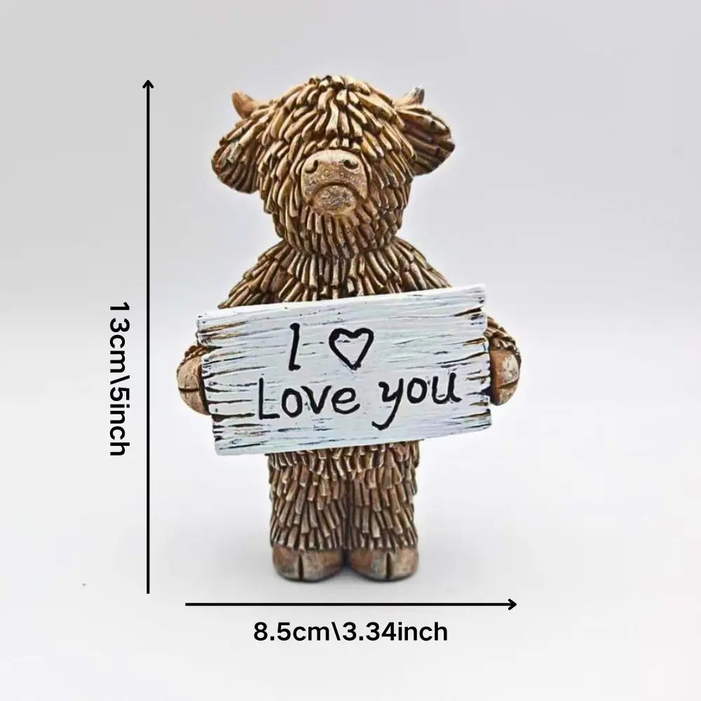 Figurine of a highland cow holding a 'I ❤️ Love you' sign with measurements on a white background