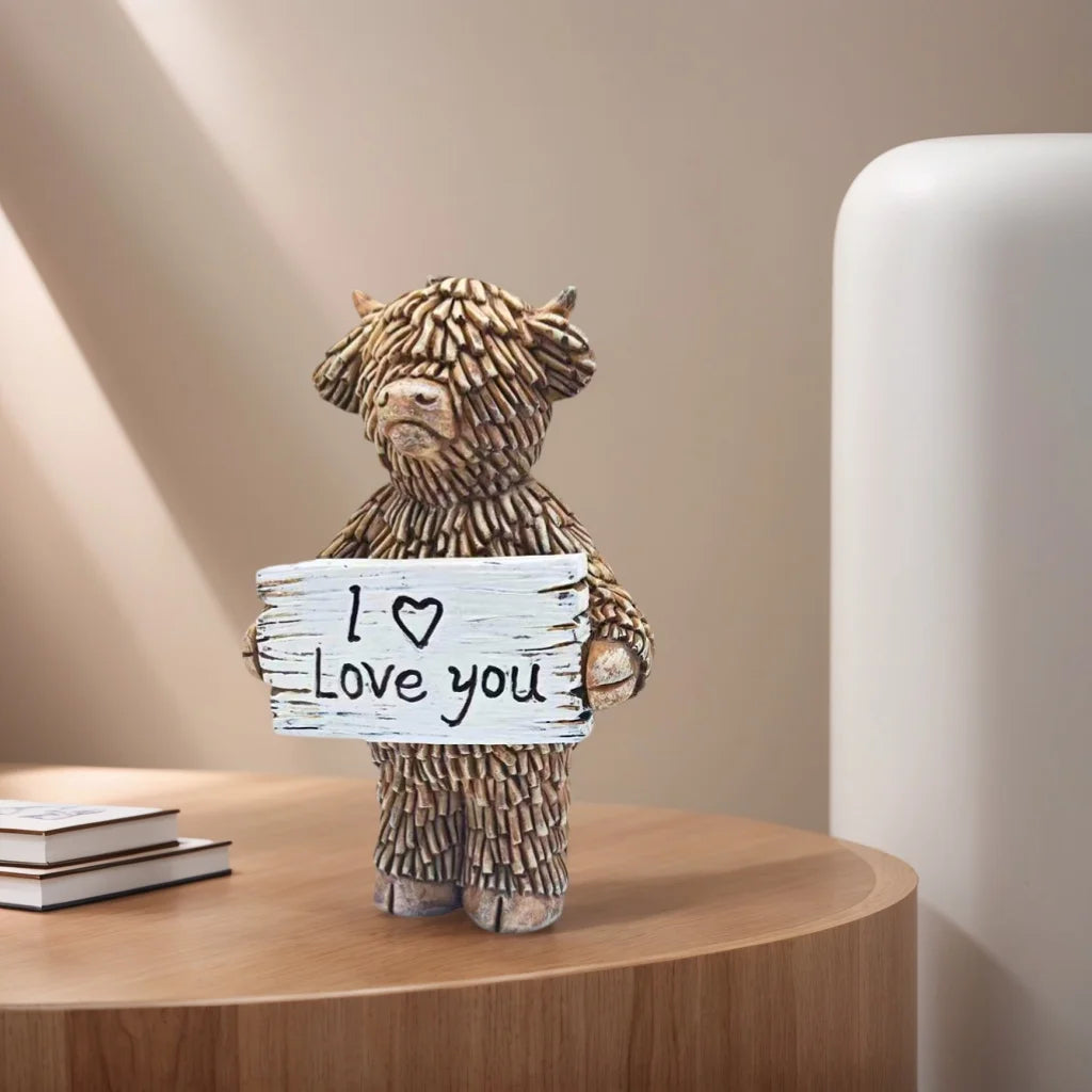 Decorative figurine of a Highland cow holding a sign saying 'I ❤️ Love you' on a wooden surface.