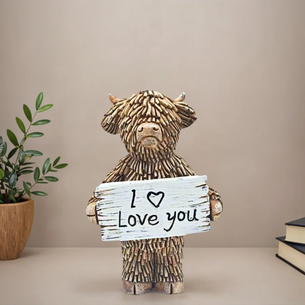 Decorative figurine of a highland cow holding a 'Love you' sign on a neutral background