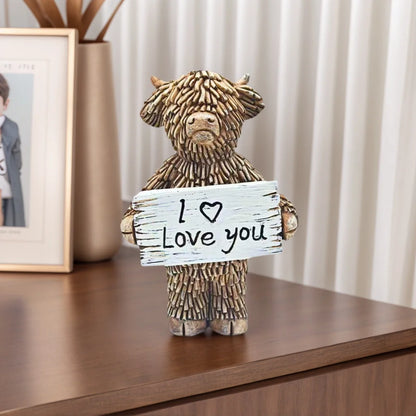 Statue of a Highland cow holding a 'I ❤️ Love you' sign on a wooden surface.