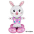 Inflatable bunny balloon with a pink outfit on a white background