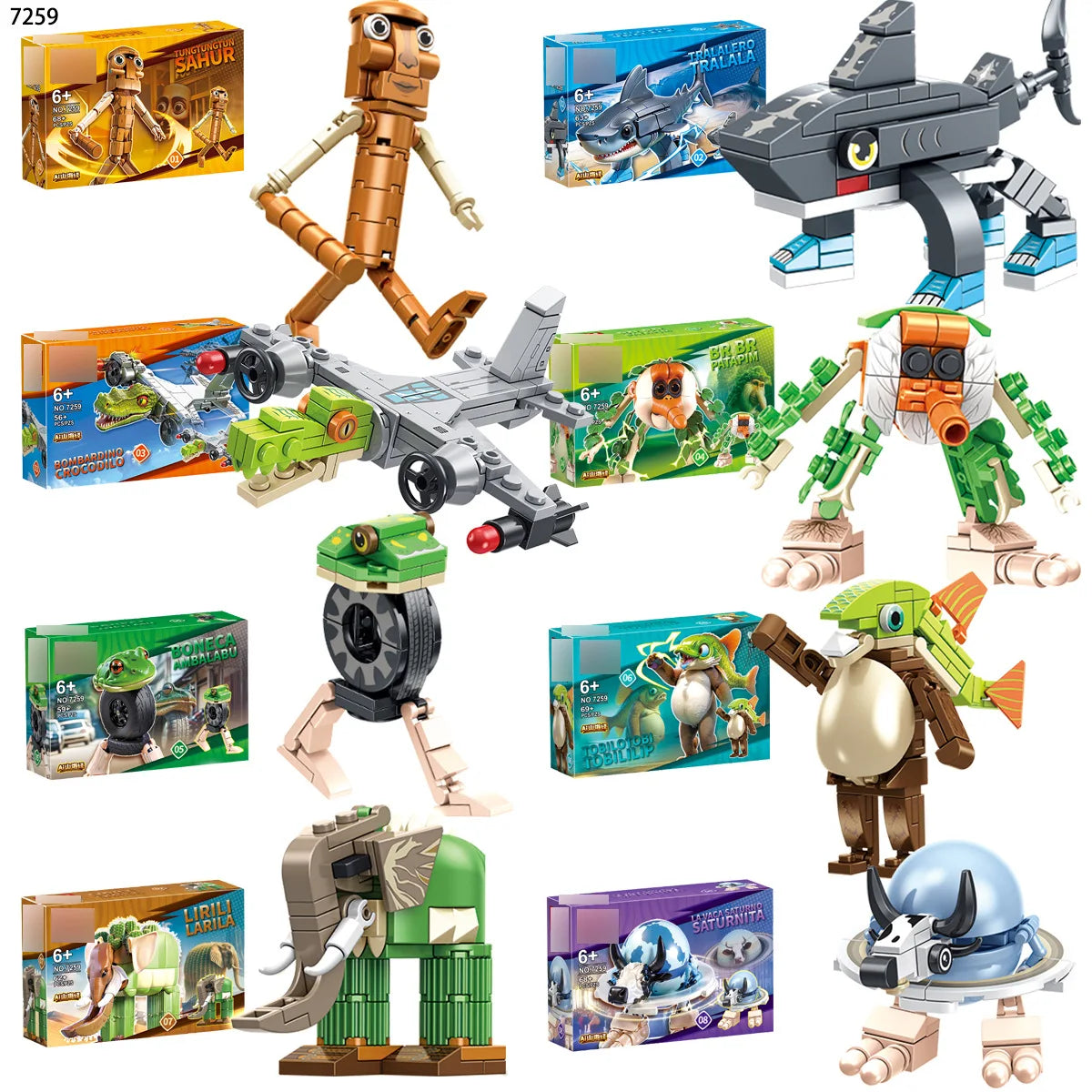 Collection of various toy building sets and figures on a white background Italian Brainrot