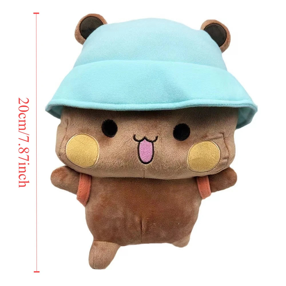 Bear Plush toy dimensions with a blue hat and measurements on a white background