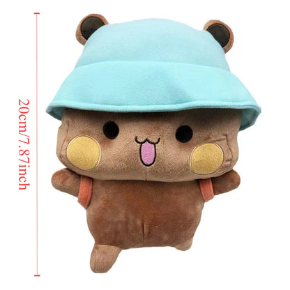 Bear Plush toy dimensions with a blue hat and measurements on a white background
