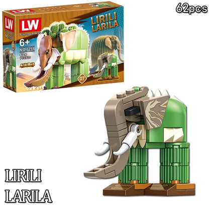 Toy building set with elephant design in front of its packaging, featuring the brand 'LIRILI LARILA'.