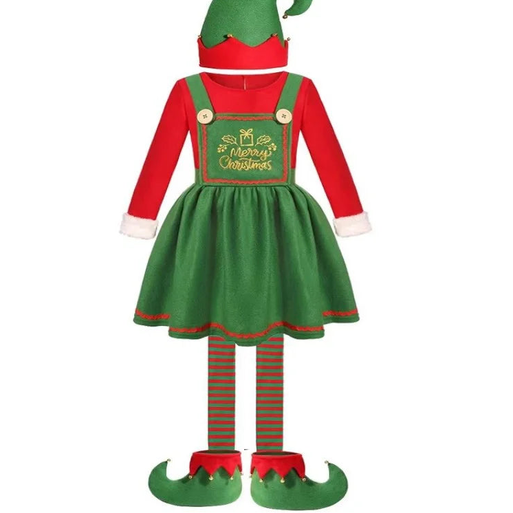 A Ladies Christmas elf costume set including a green pointed hat, red long-sleeve top, green dress with gold embroidered 'Merry Christmas' text, striped tights, and green-and-red pointed shoes, shown on a white background 