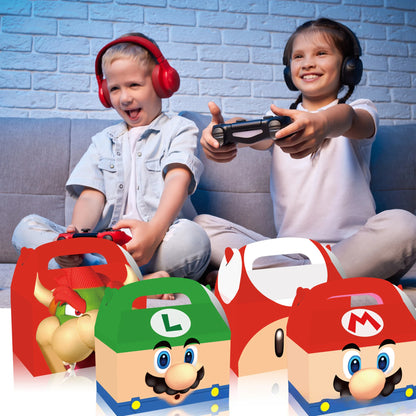 Two children playing video games with Mario-themed controllers on a couch.