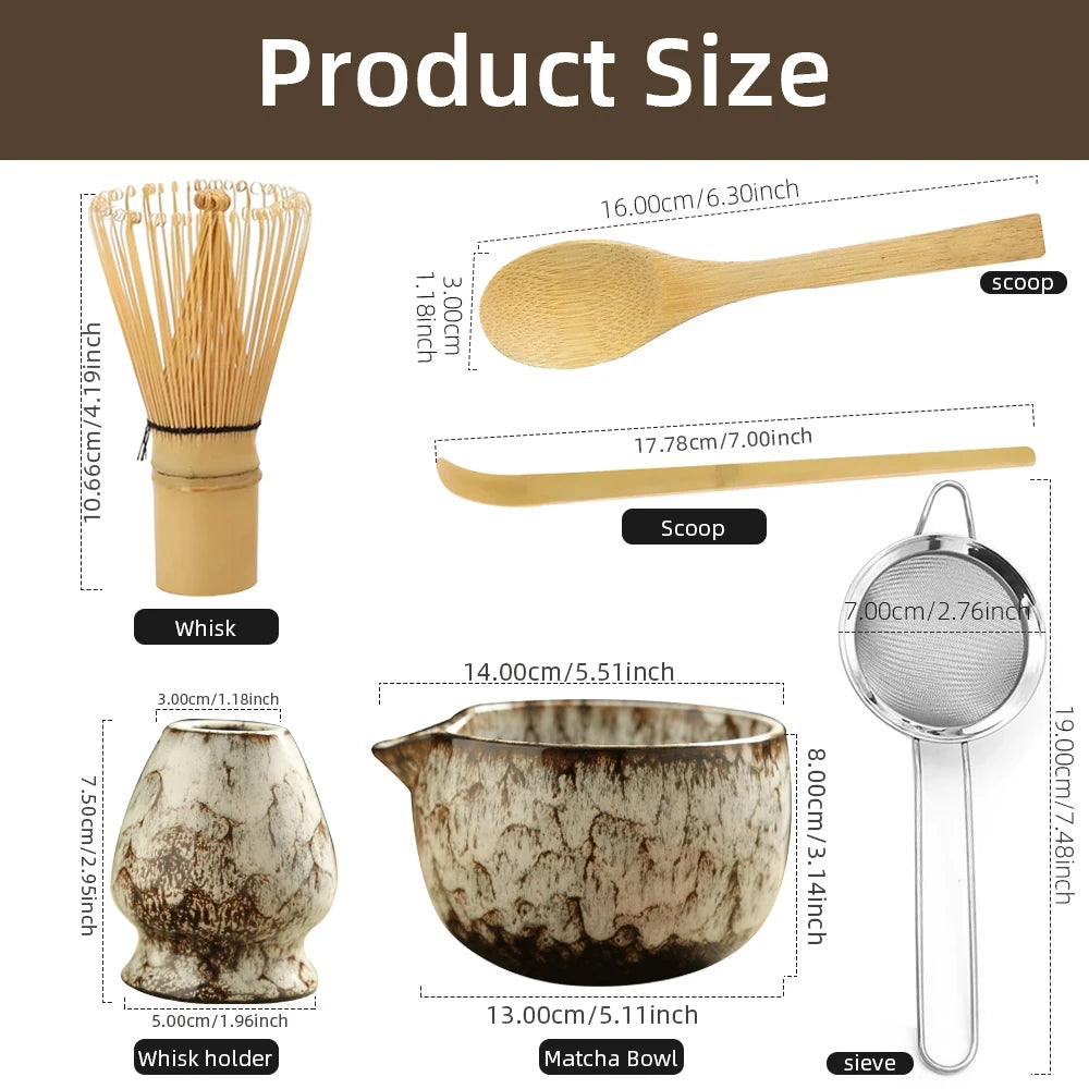 Measurement chart of various tea-making tools including a whisk, wooden spoons, matcha bowl, whisk holder, and sieve.