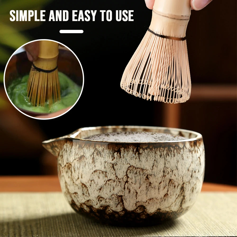 Wooden whisk being used to mix green tea in a ceramic bowl with text 'Simple and easy to use'.