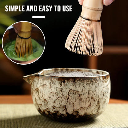 Wooden whisk being used to mix green tea in a ceramic bowl with text 'Simple and easy to use'.