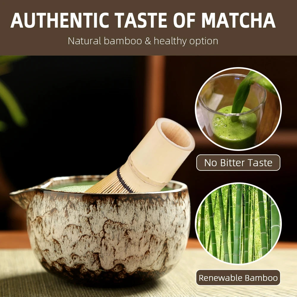 Matcha preparation with a bamboo whisk and bowl, highlighting natural bamboo and healthy options.