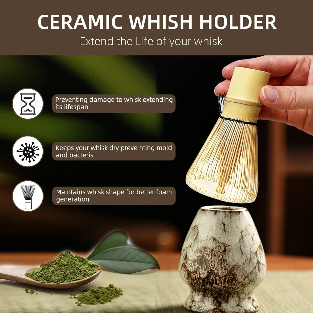 Ceramic whisk holder with a bamboo whisk, used for maintaining matcha whisk health.