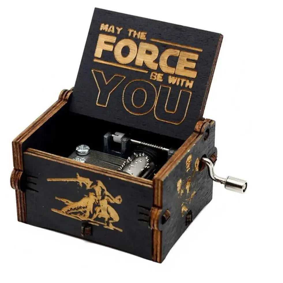 Wooden music box with 'May the Force be with You' text and Star Wars design.