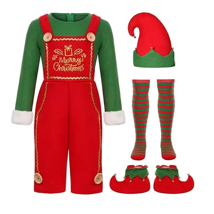 A mens Christmas elf costume set shown on a plain white background, including a red and green jumpsuit with white cuffs, a red and green pointed hat, striped red and green socks, and red shoes with green trim.  