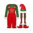 A Mens Christmas elf costume set laid out on a white background, including a green long-sleeve top with red bib overalls, red-and-green striped socks, a red-and-green elf hat, and red-and-green elf shoes.