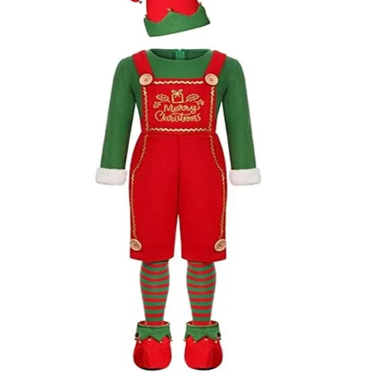 A Mens Christmas elf costume set on a plain white background, including a red and green elf hat, a green long-sleeve top with white cuffs, red overalls with gold trim and 'Merry Christmas' embroidery, striped green and red tights, and red-and-green elf shoes. 