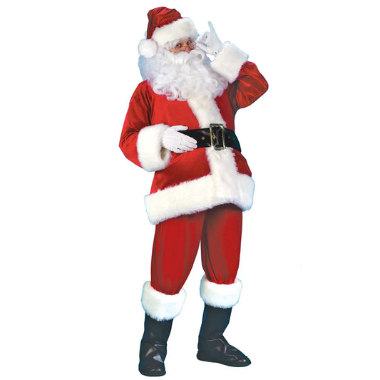 Traditional Santa Claus costume with red suit, white beard, and black boots on a white background