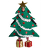Person wearing a Christmas tree costume with decorations on a white background