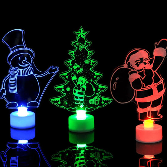 Three colorful LED lights shaped like a snowman, Christmas tree, and Santa Claus on a black background.