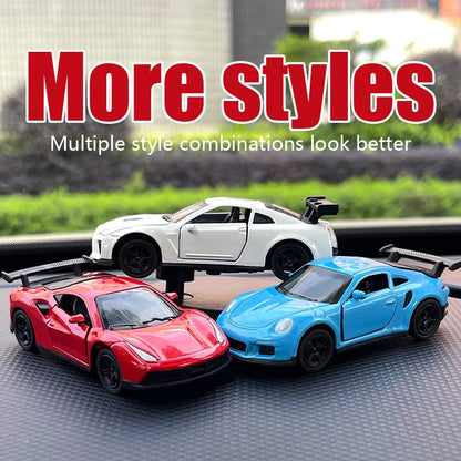 Three toy cars in red, white, and blue on a textured surface with text 'More styles' and 'Multiple style combinations look better'.