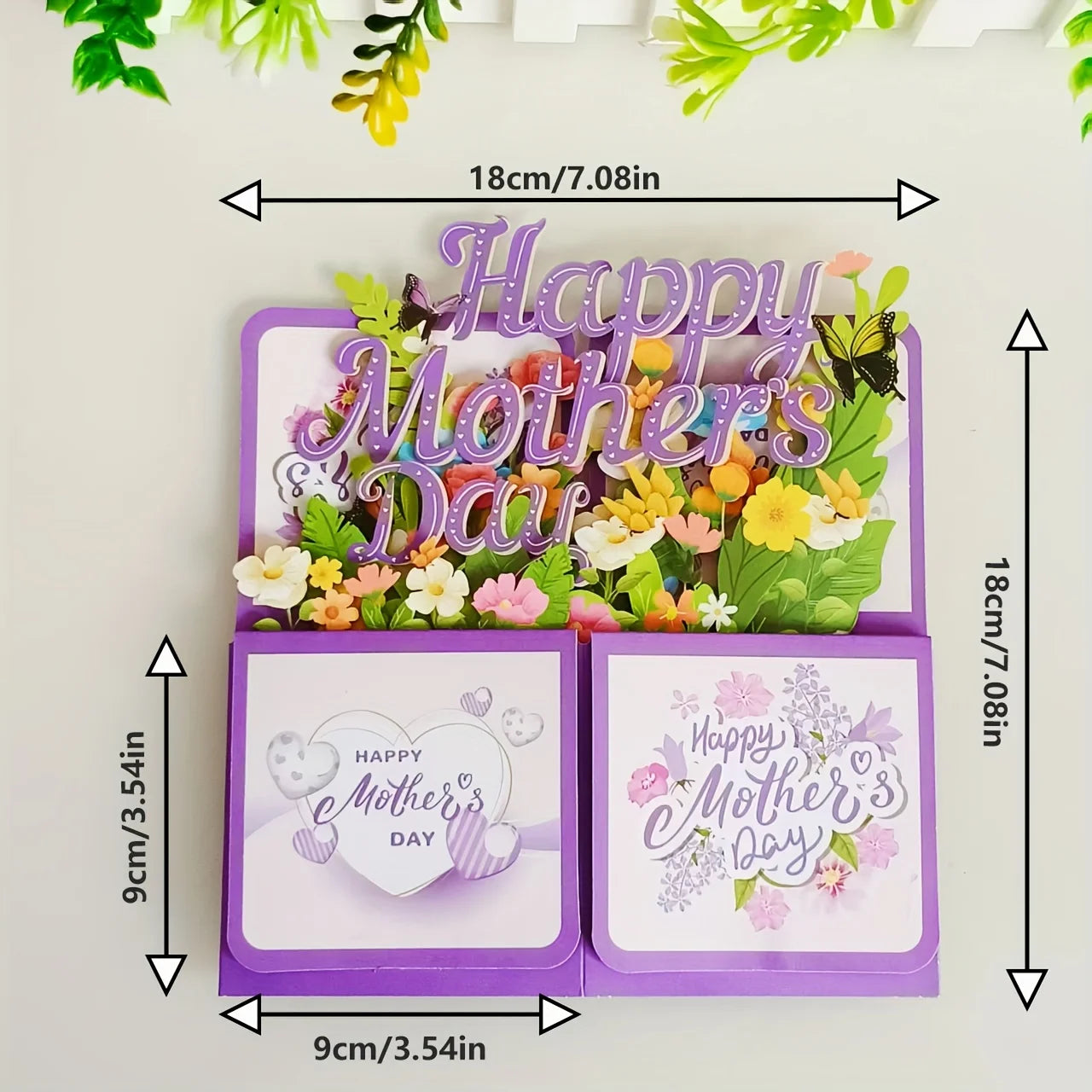 Mother's Day card with floral design and 'Happy Mother's Day' text, shown with dimensions.