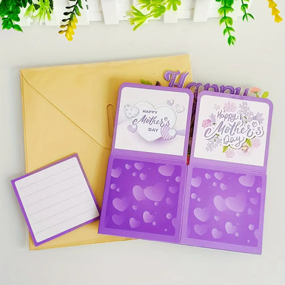 Purple card with 'Happy Mother's Day' text and heart patterns, open to reveal a lined sheet, on a light gray background.